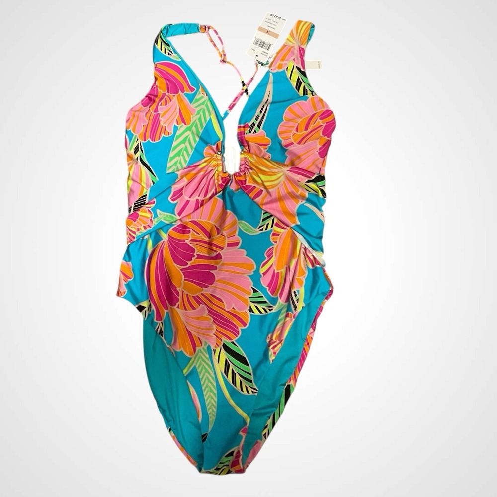 Trina Turk Poppy Belted Plunge One Piece Swimsuit Women's 12 NWT Tropical Beachy - Picture 7 of 15